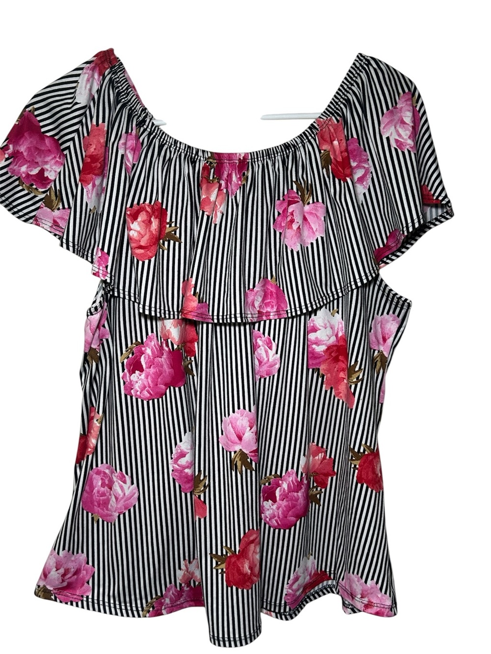 Hey Collection Pink Floral Black White Stripe Off-Shoulder Women's Top 3XL Plus